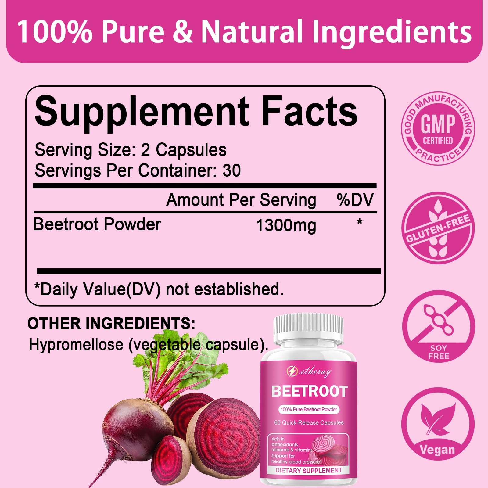 Etheray beet root powder in glass jar shows natural supplement form.