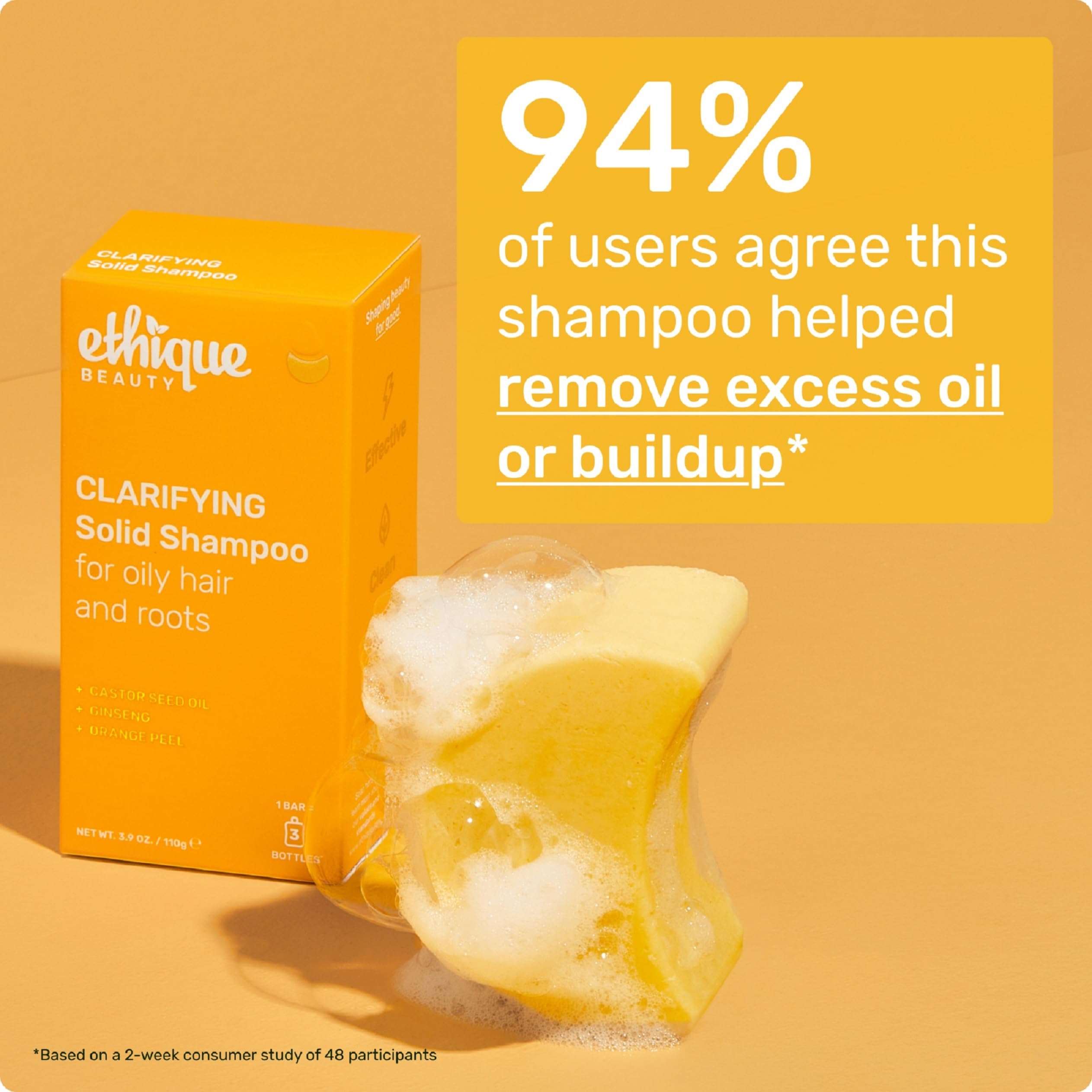 Ethique clarifying bar with orange peel for a refreshing scent.