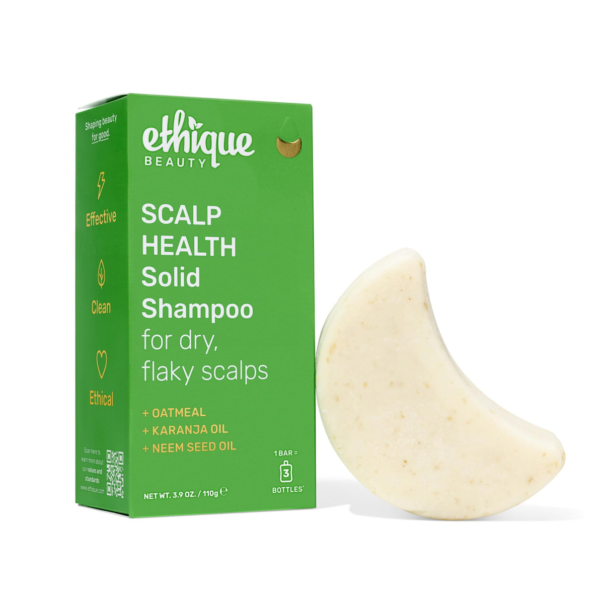 Ethique Scalp Health Shampoo Bar with oatmeal calms itchy scalp for comfortable washing.