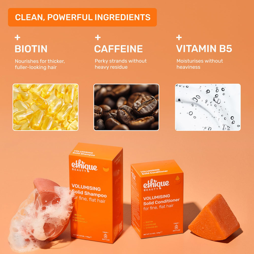 Ethique Volumizing Shampoo Bar close-up highlights texture and volume boost.