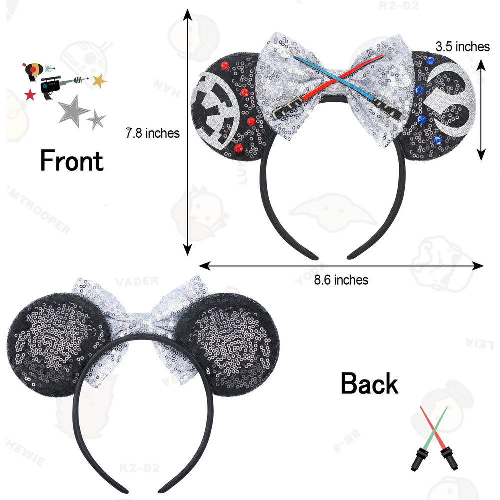 ETLUK headband features a sparkling bow and red blue lightsaber details for dynamic party vibes.