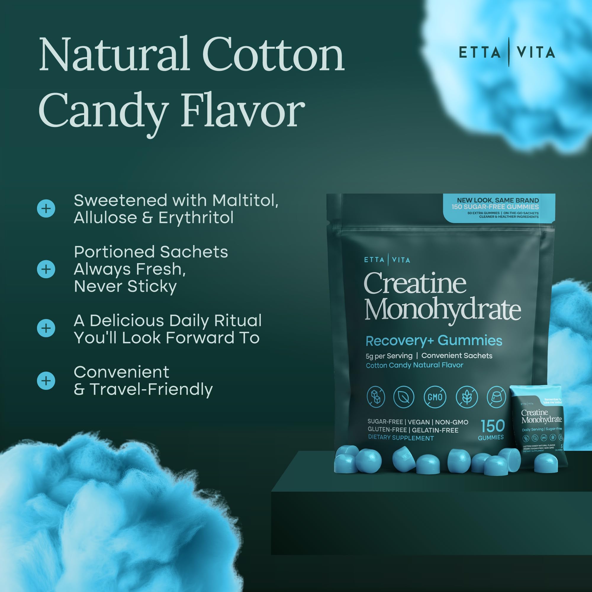 One gummy labeled 1 g creatine per serving for easy dosing