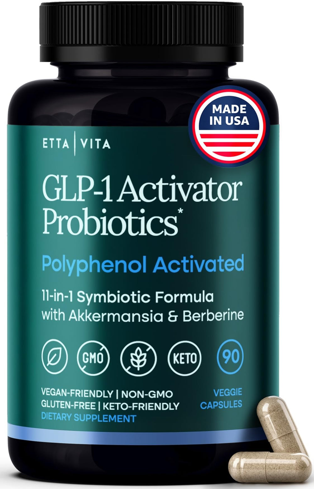 Etta Vita GLP-1 probiotic bottle pour showing convenient everyday use and appetite support