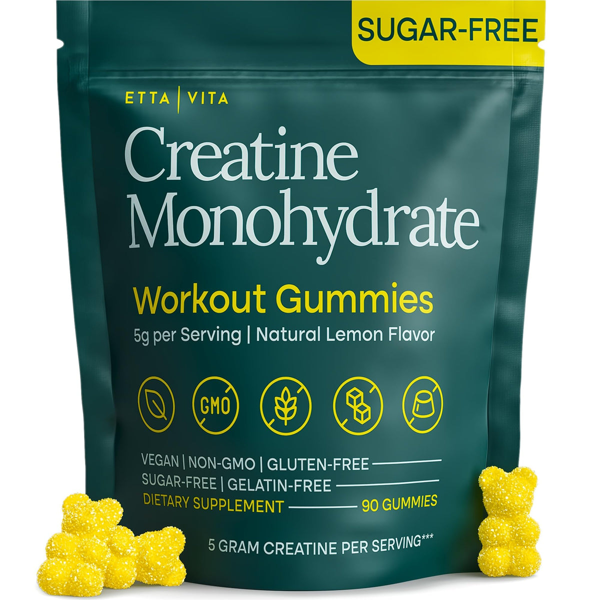 Etta Vita sugar-free creatine gummies lemon front packaging for keto-friendly support.