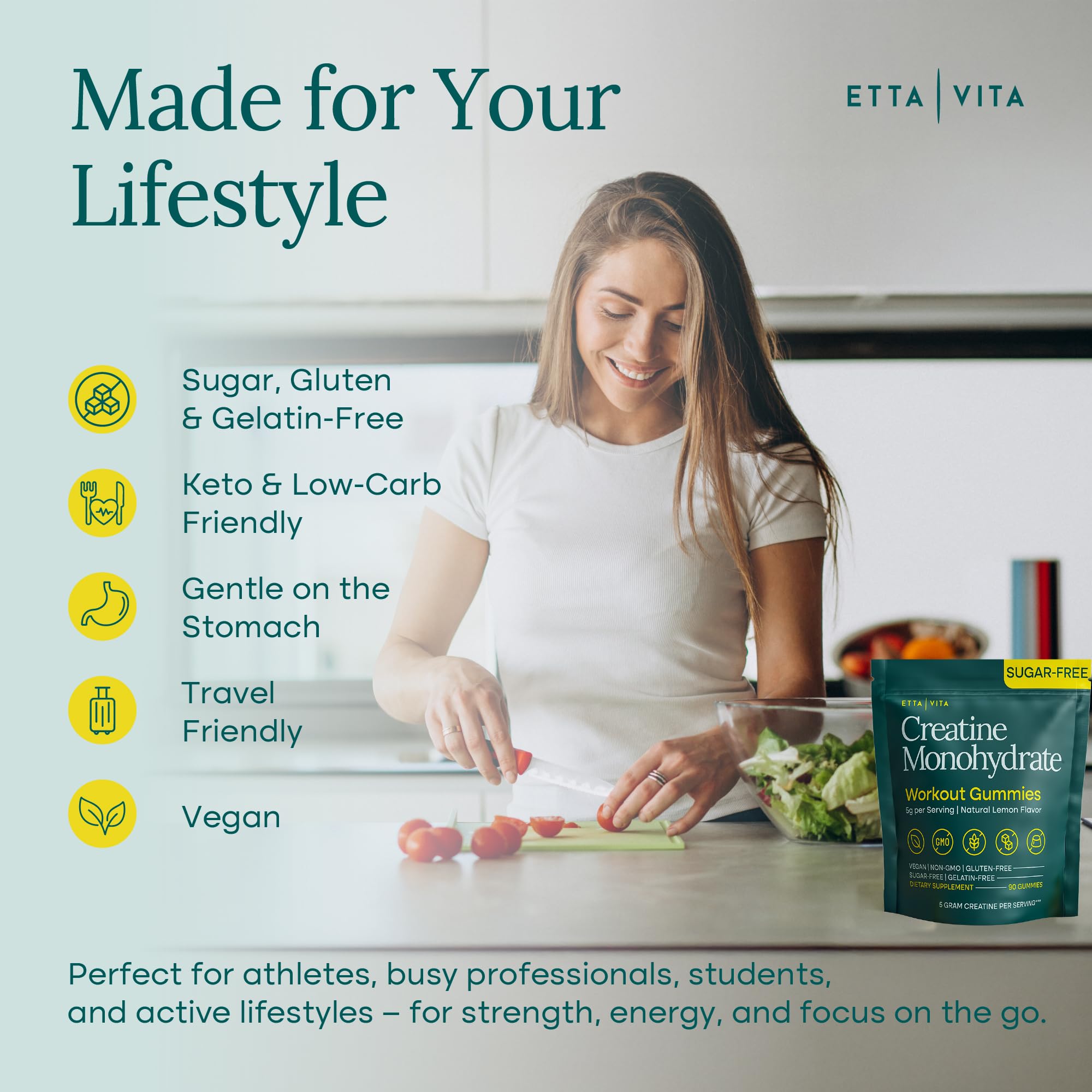 Etta Vita sugar-free creatine gummies in hand for daily use.