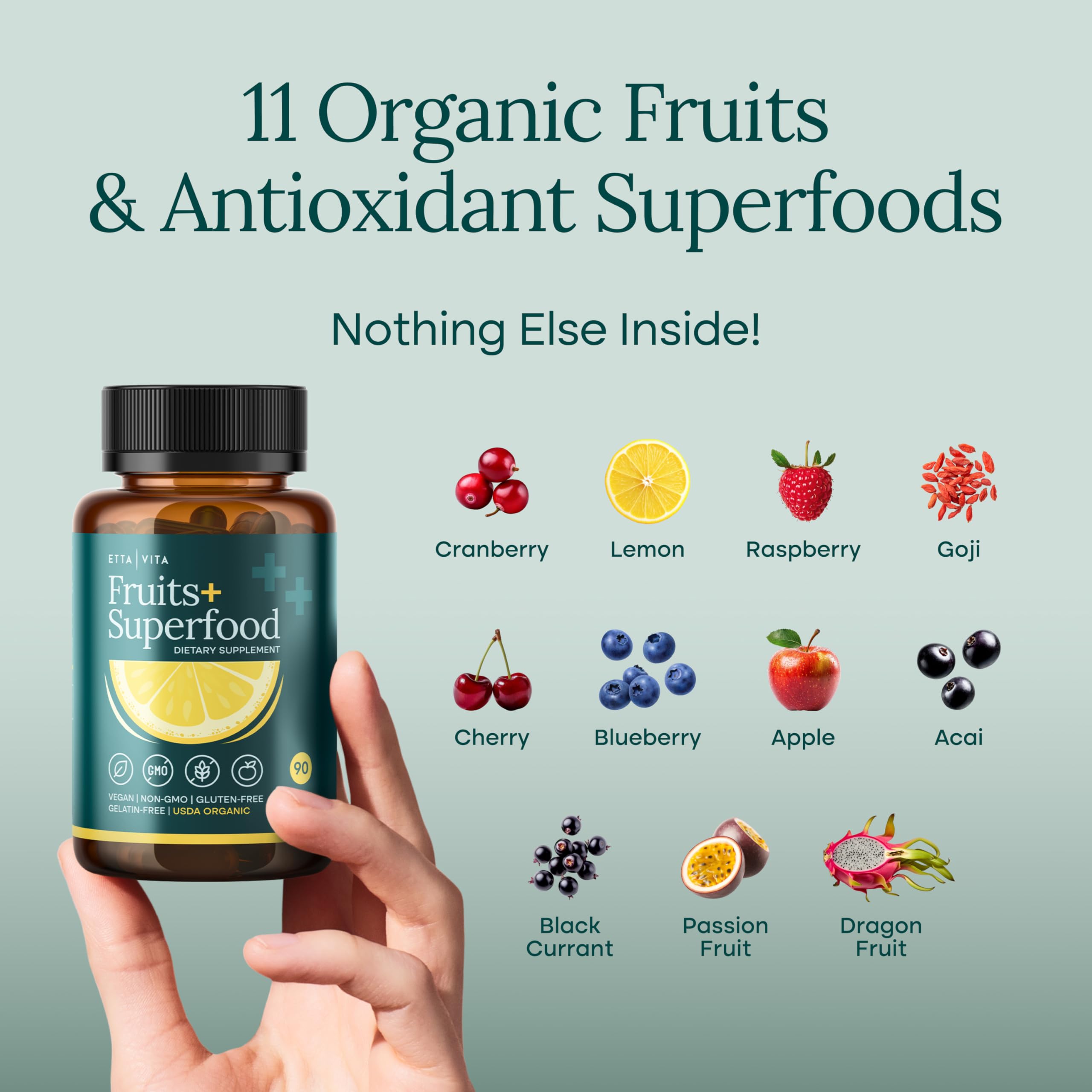 Etta Vita thirty-one fruits and vegetables blend capsules highlighting a colorful nutrient mix