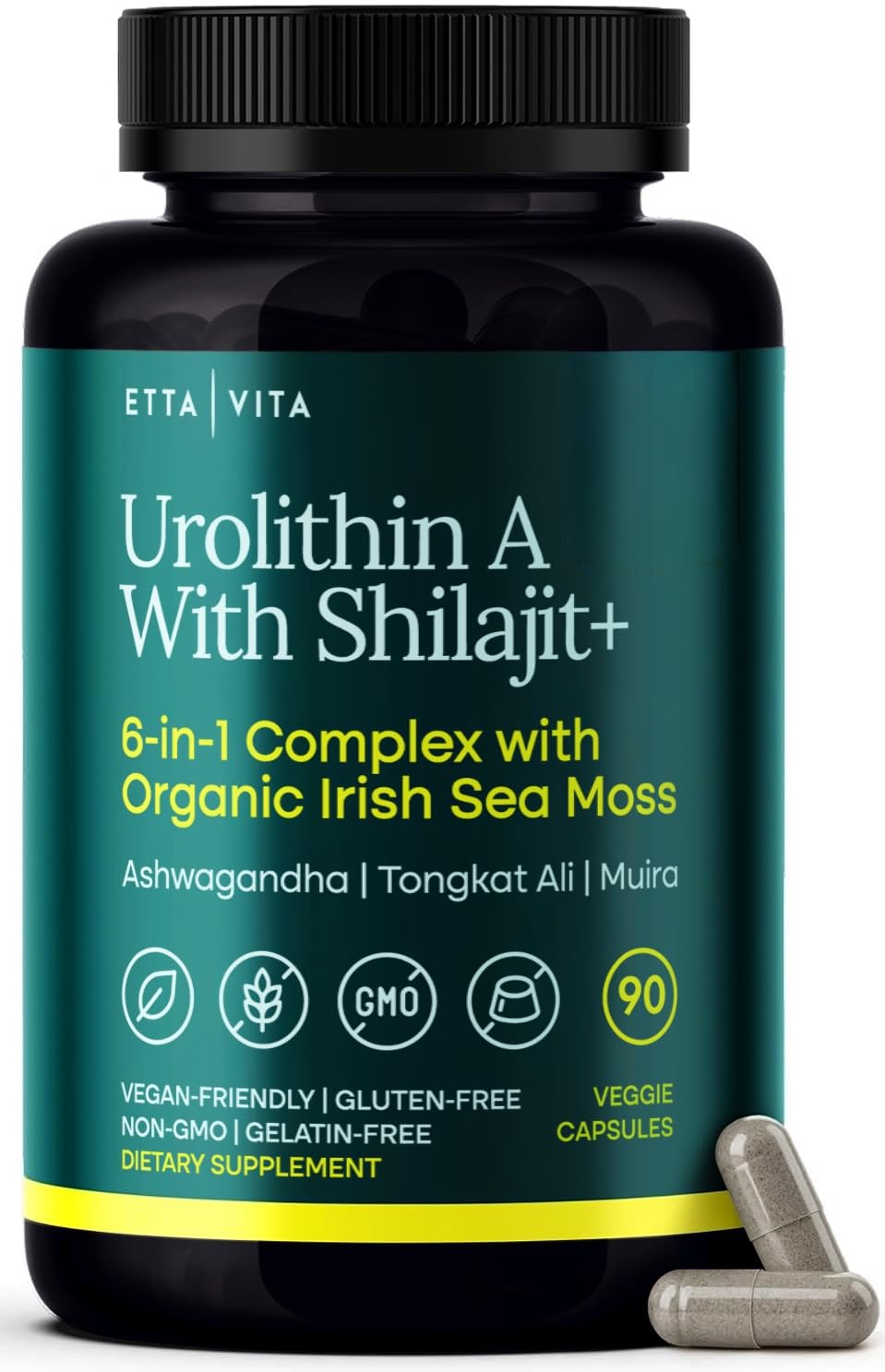 Etta Vita Urolithin-A Complex bottle highlights natural energy support and daily vitality.