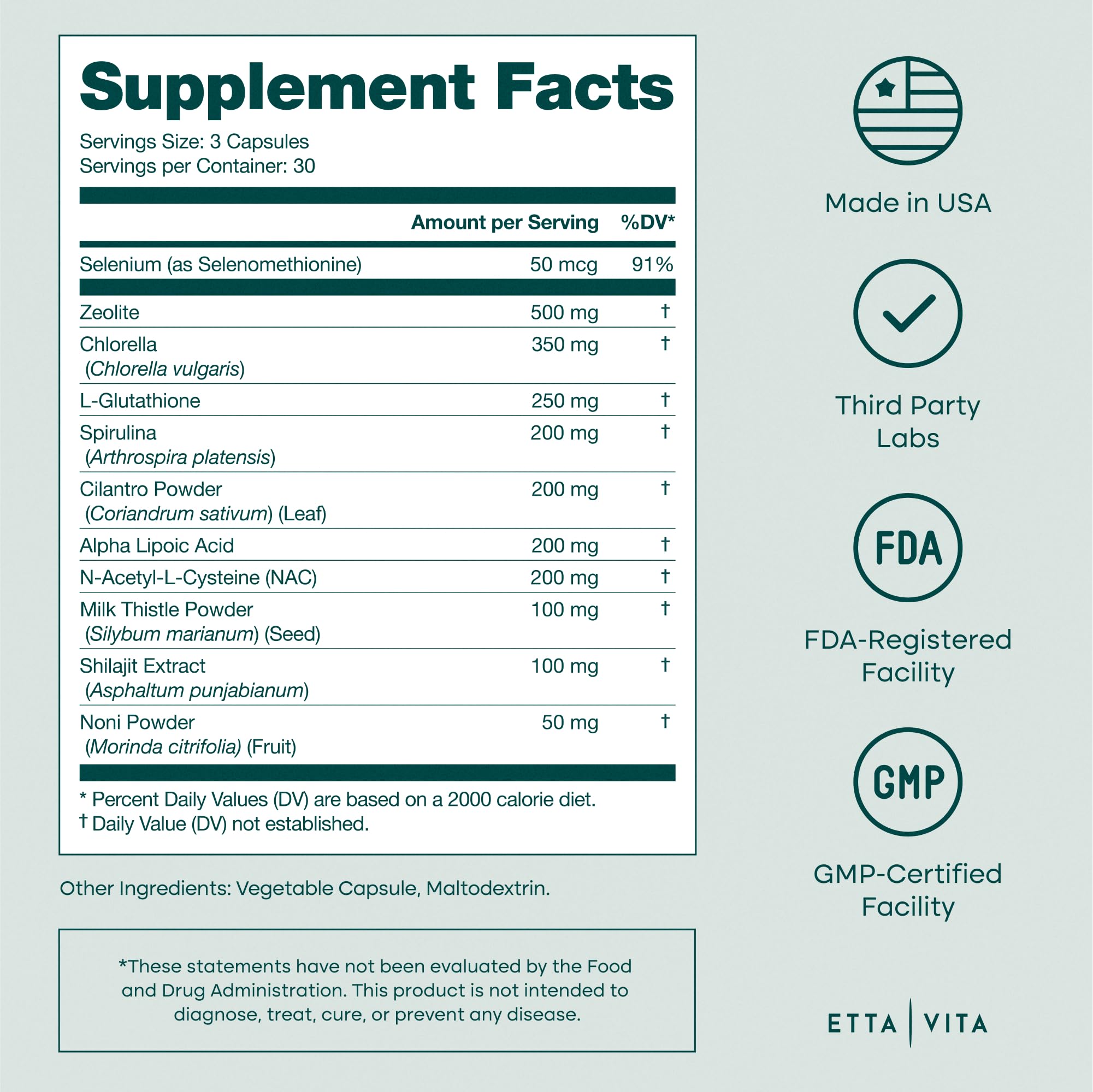 Etta Vita ALA Selenium Resveratrol components highlight antioxidant power.