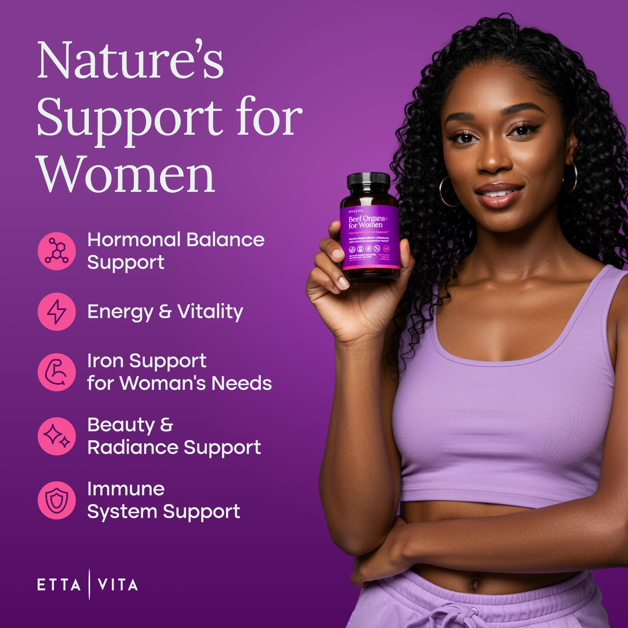 Etta Vita grass-fed organ blend bottle highlighting the nutrient-rich complex.