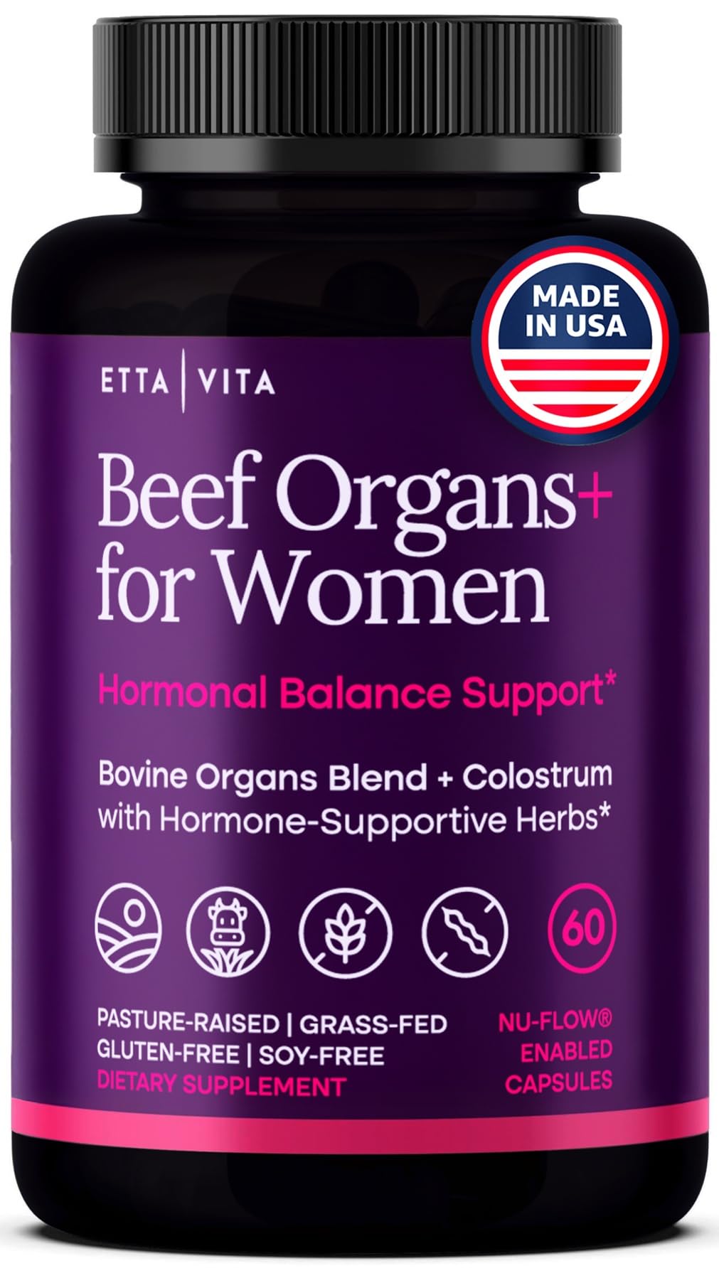 Etta Vita Primal Beef Organ Capsules for women's wellness, bottle on display.