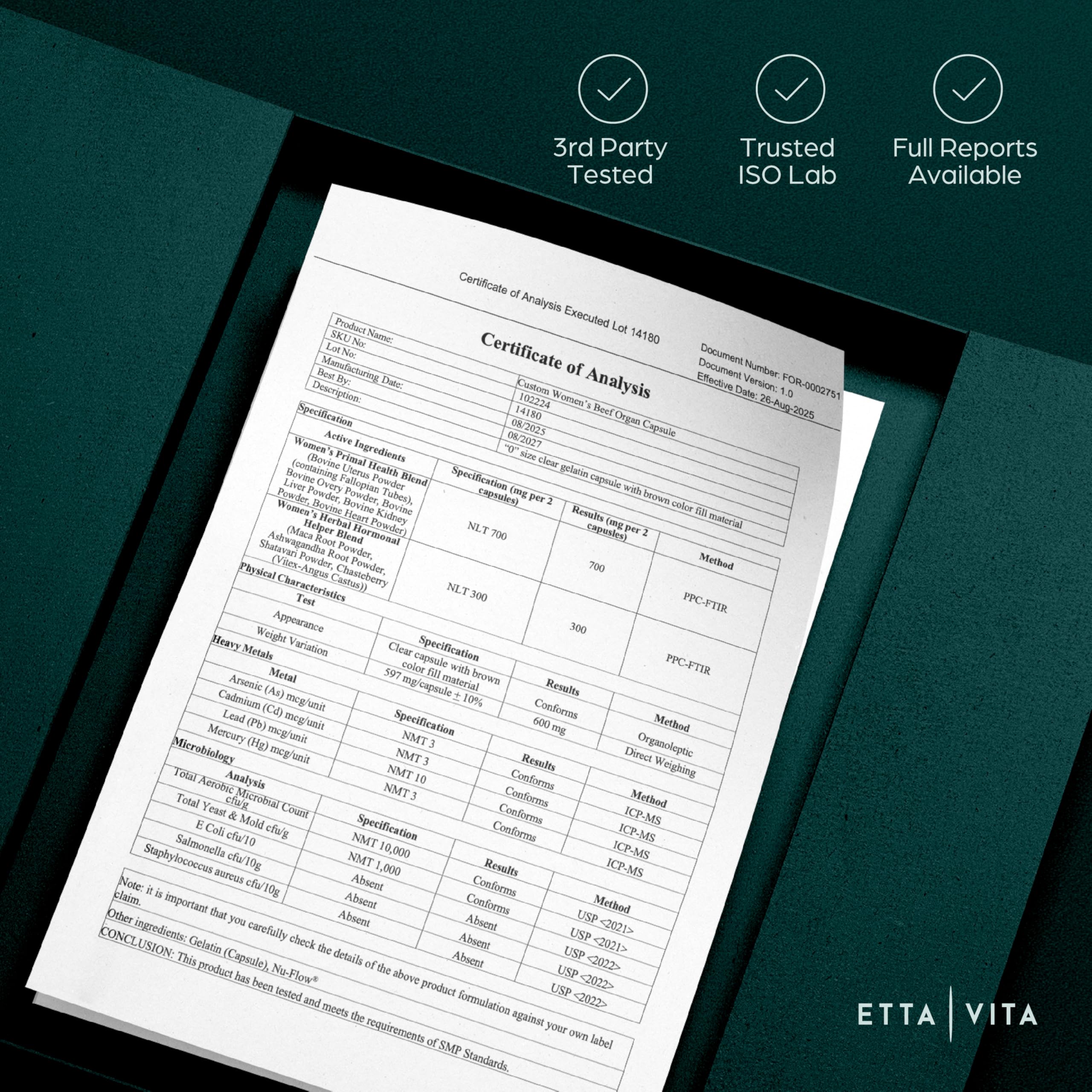Etta Vita two capsule daily dose shown beside a glass of water.