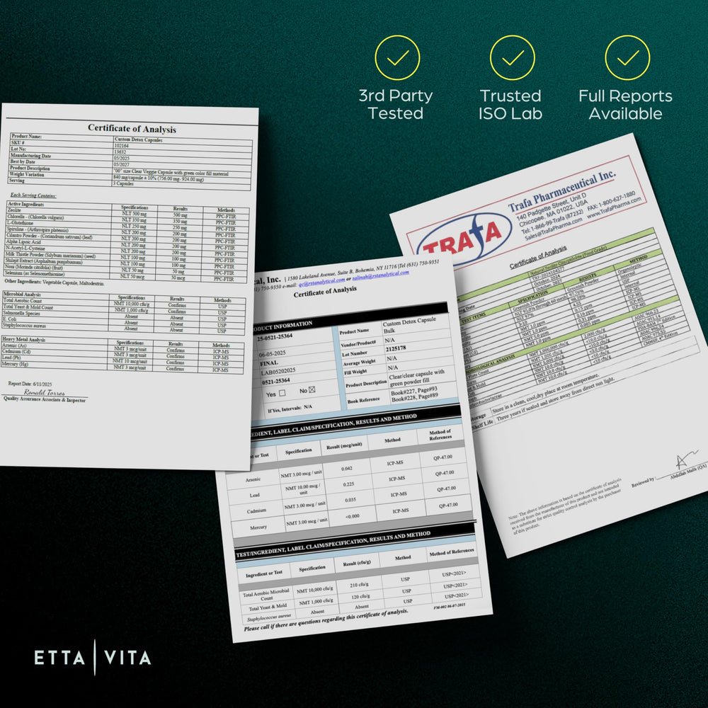 Etta Vita Zeolite Detox capsules close-up highlighting toxin binding.