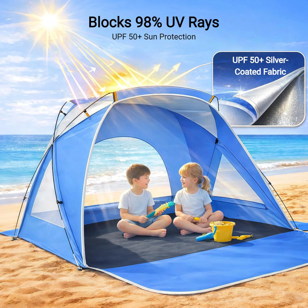 Etto Beach Tent shows quick cross-pole setup for easy shade.