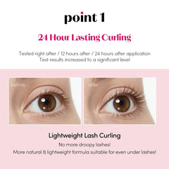 ETUDE Curl Fix Mascara square-edge brush captures lashes for precise curling.