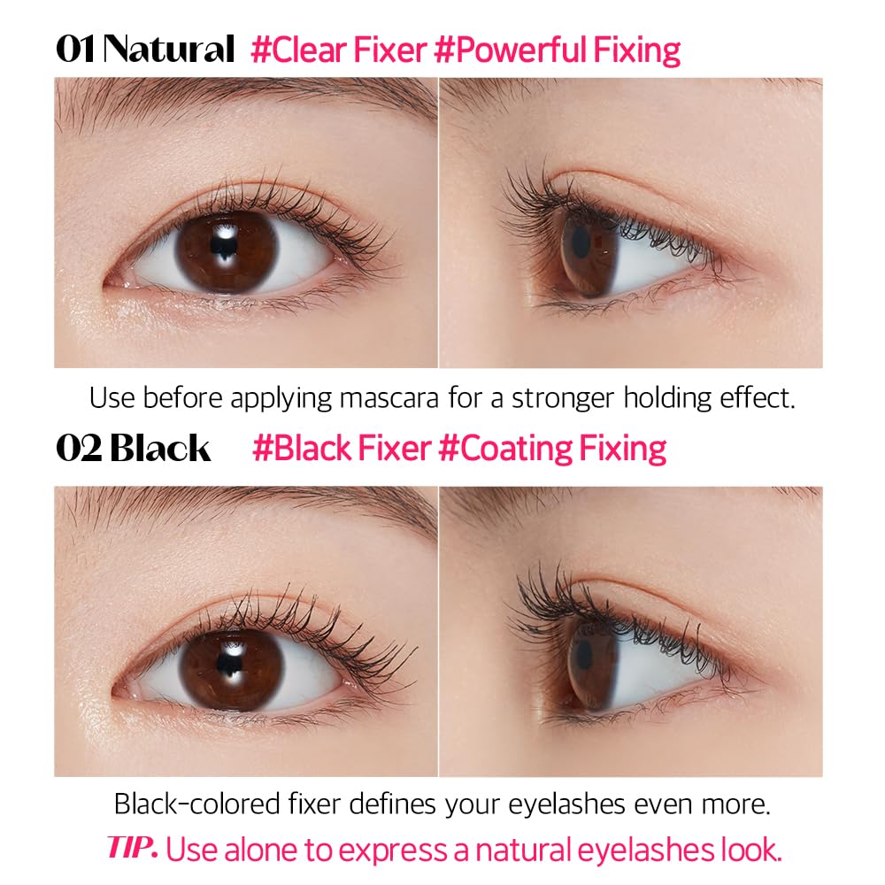 ETUDE Dr. Mascara Fixer on lashes shows coating for defined curl.