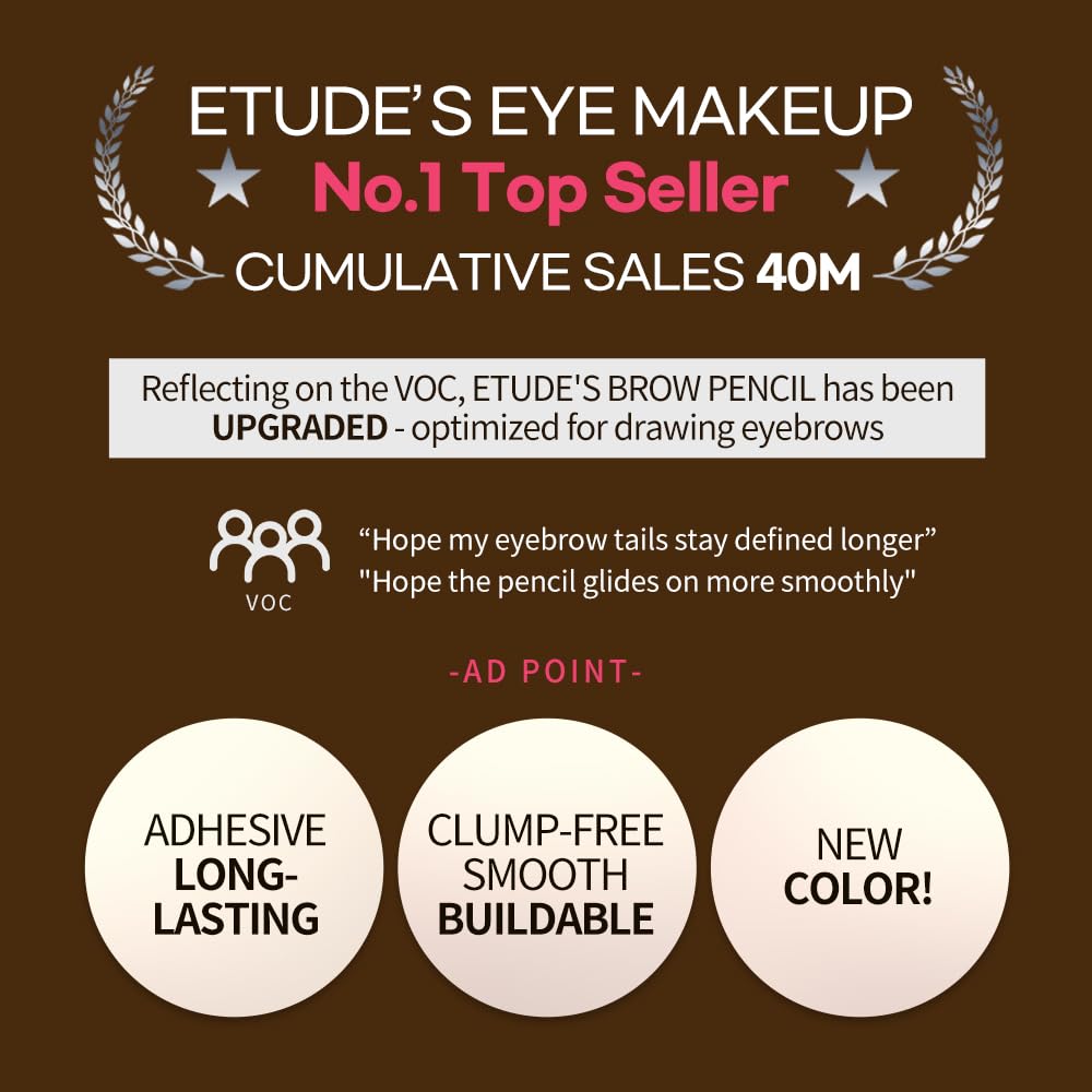 ETUDE Drawing Eye Brow pencil built-in brush enables smooth blending.