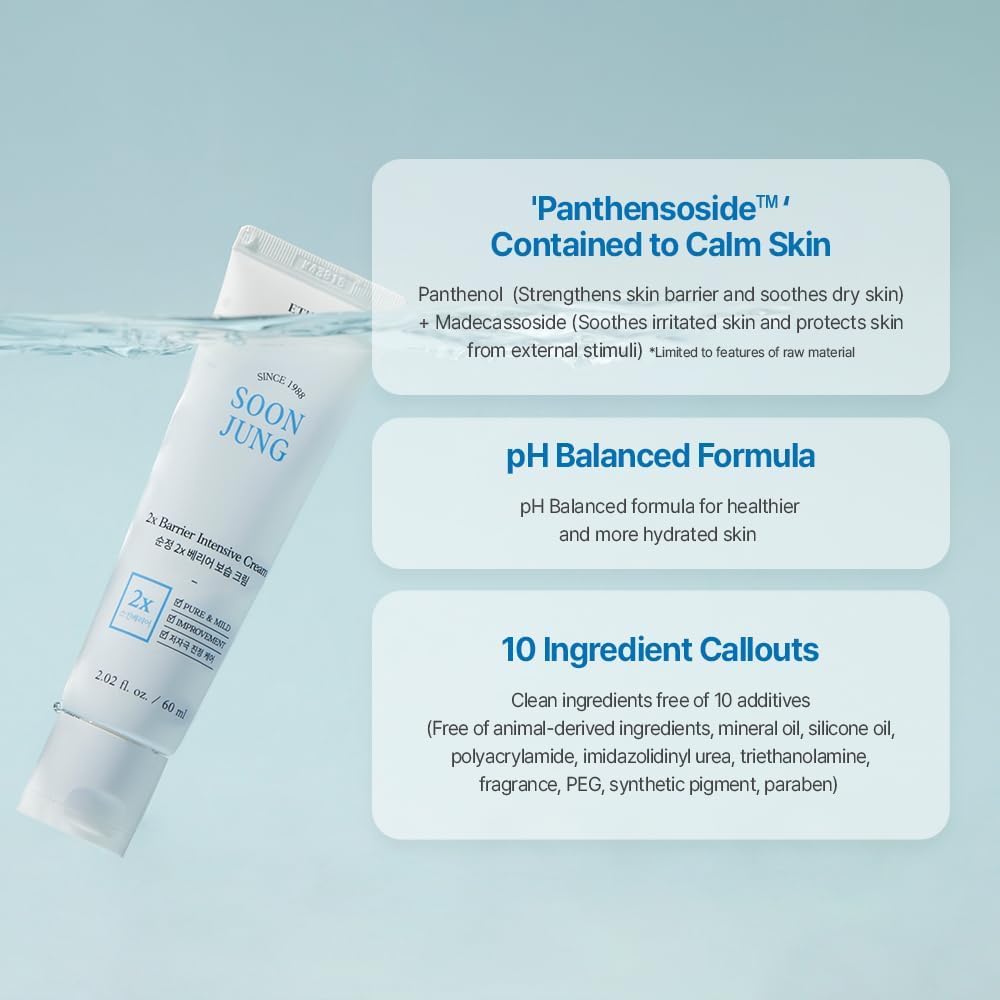 Etude SoonJung 2x Intensive Cream is hypoallergenic and dermatologist-tested for sensitive skin.