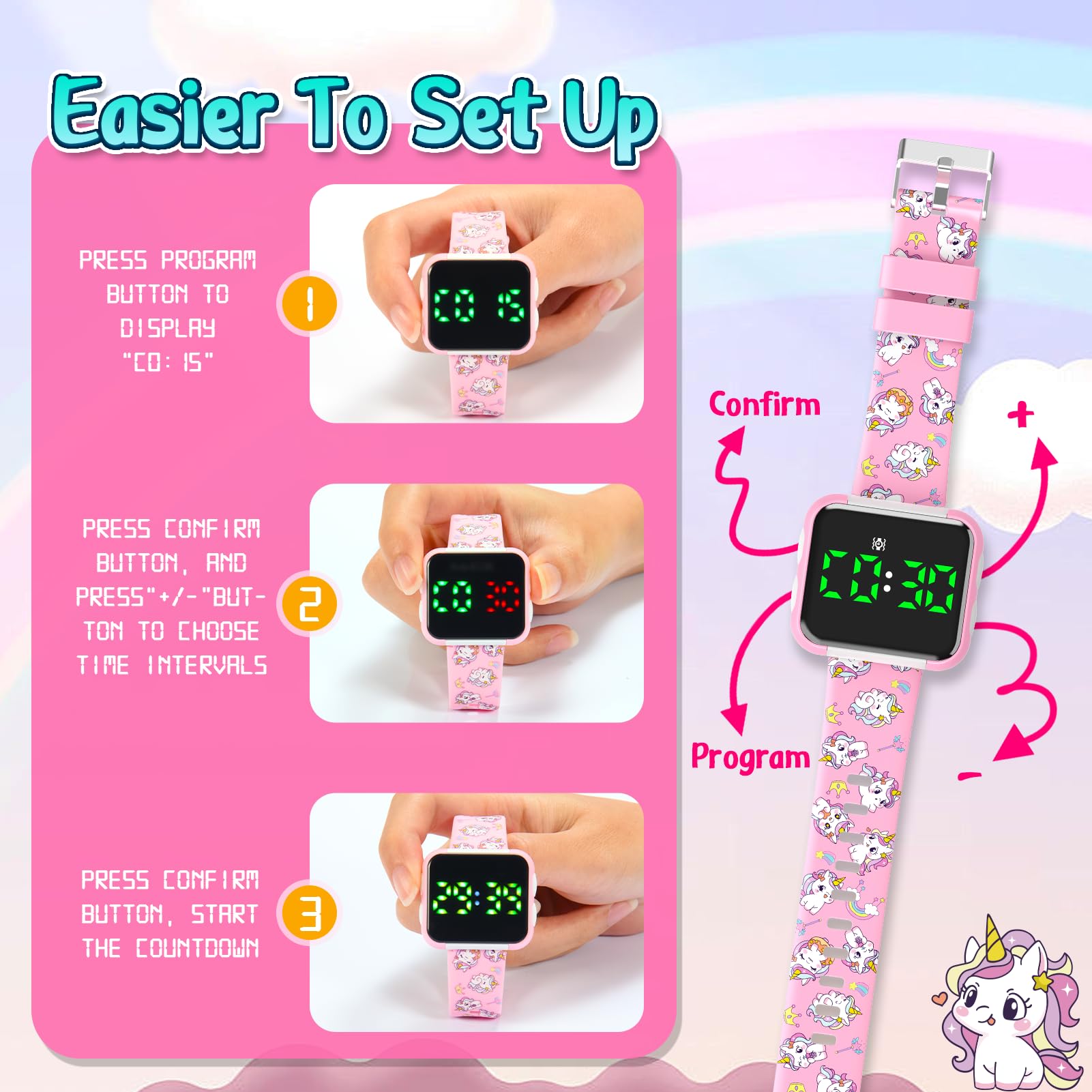 Etuwoe USB-rechargeable battery keeps the unicorn watch ready for the day.