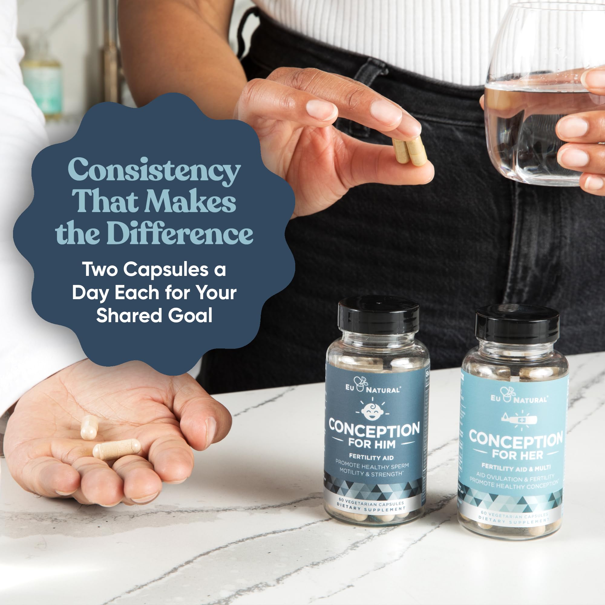 Flatlay of Eu Natural Conception for Her and Him bundle for couples trying to conceive.