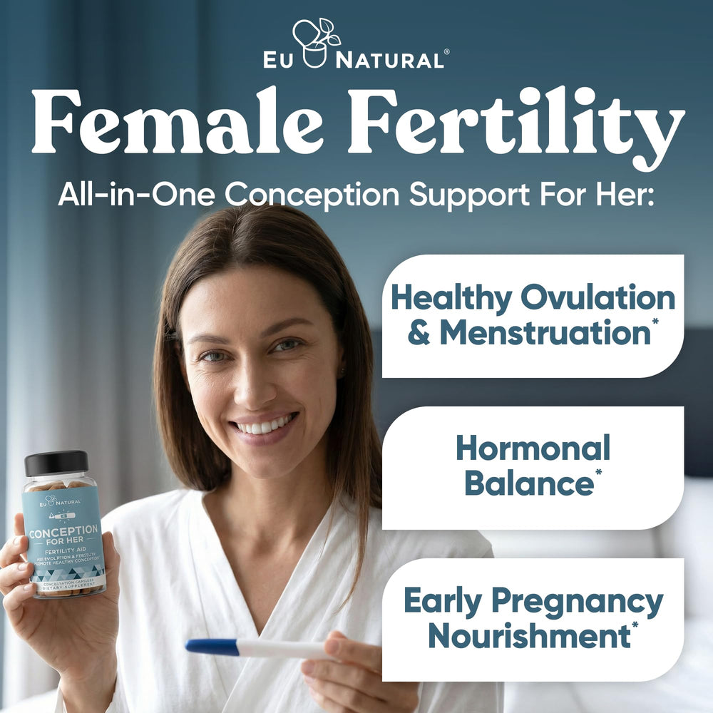 Eu Natural Conception for Her capsules closeup highlighting plant-based vegan capsules for dosing