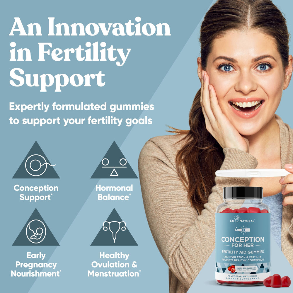 Eu Natural Conception for Her gummies closeup with juicy strawberry flavor.