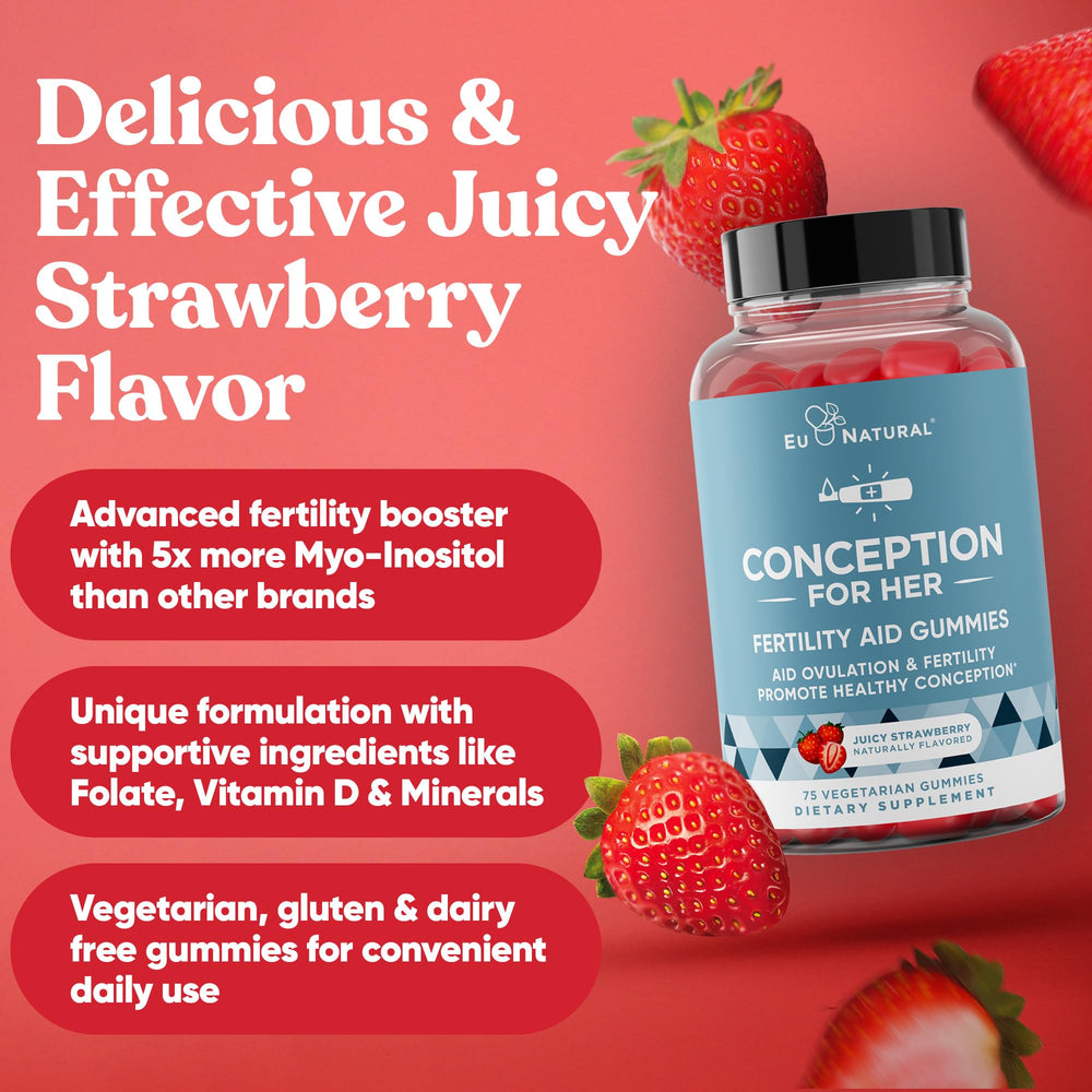 Eu Natural Conception for Her strawberry flavor gummies on table for daily routine.