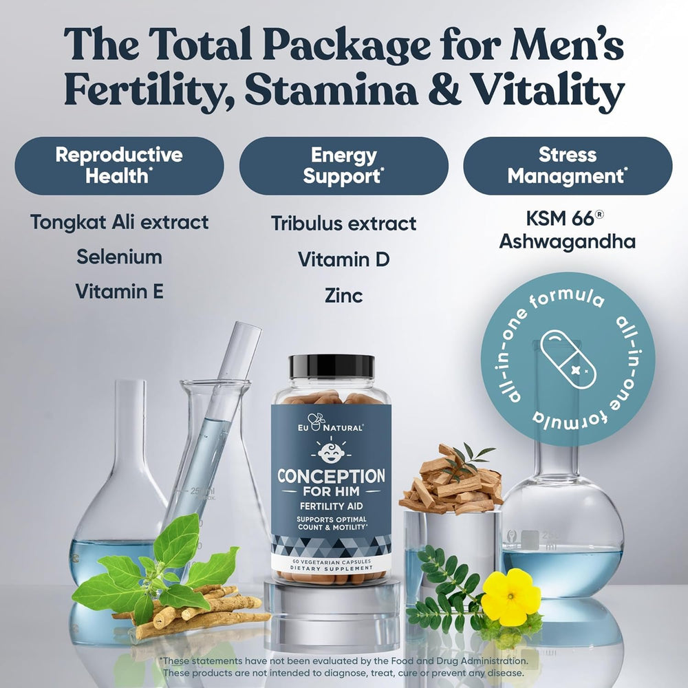 Eu Natural Conception for Him bottle with glass of water, ready to take.