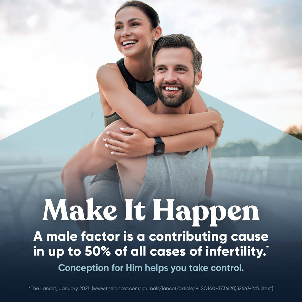 Eu Natural Conception for Him label closeup, highlighting 14 essential vitamins and minerals.