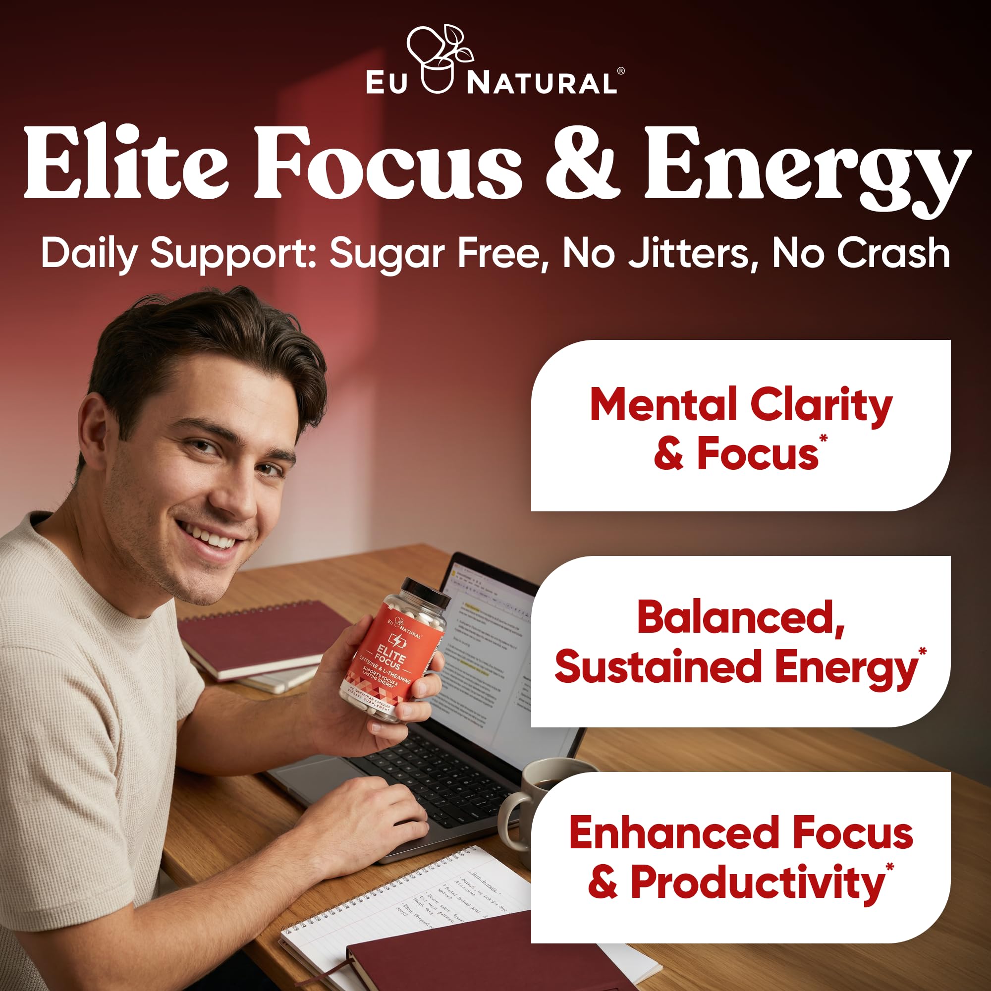 Eu Natural Elite capsules in hand for daily focus.