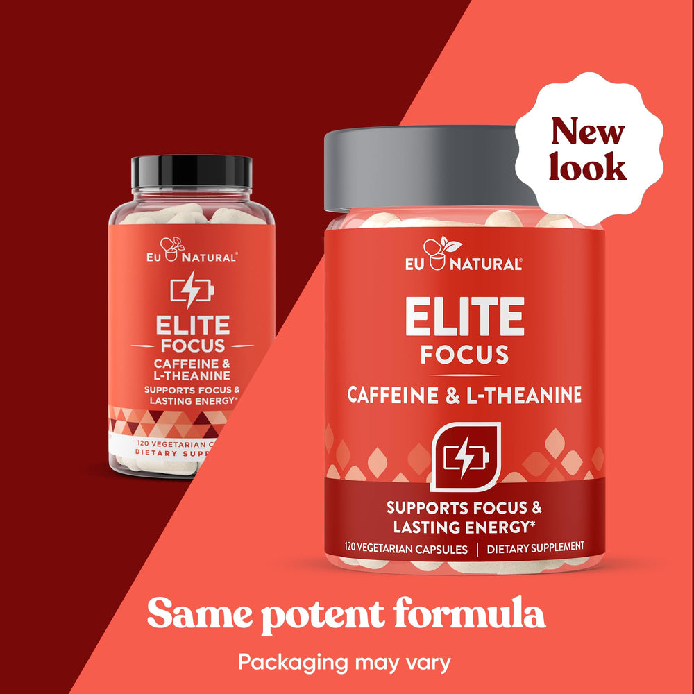 Eu Natural Elite label close-up showing caffeine and L-Theanine blend.