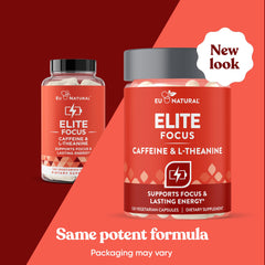 Eu Natural Elite label close-up showing caffeine and L-Theanine blend.