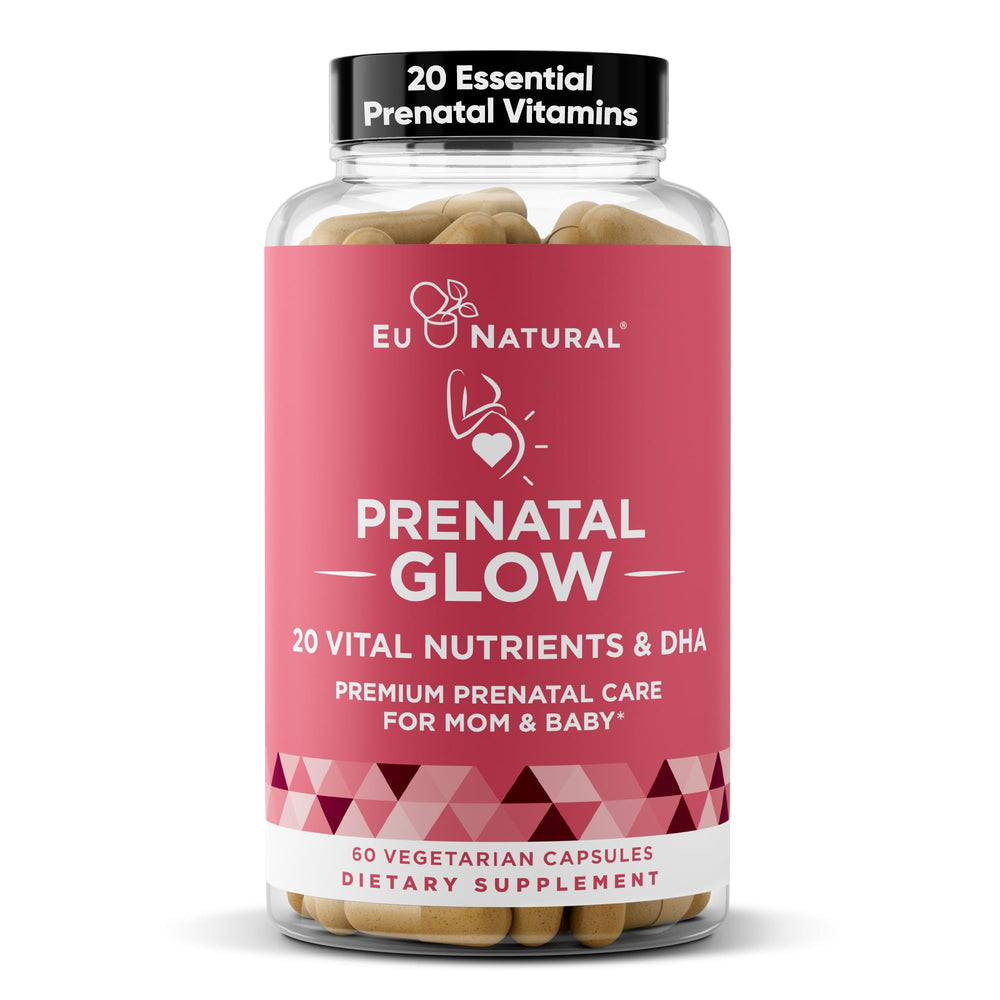 Eu Natural Glow Prenatal bottle front displaying label for trusted prenatal nutrition
