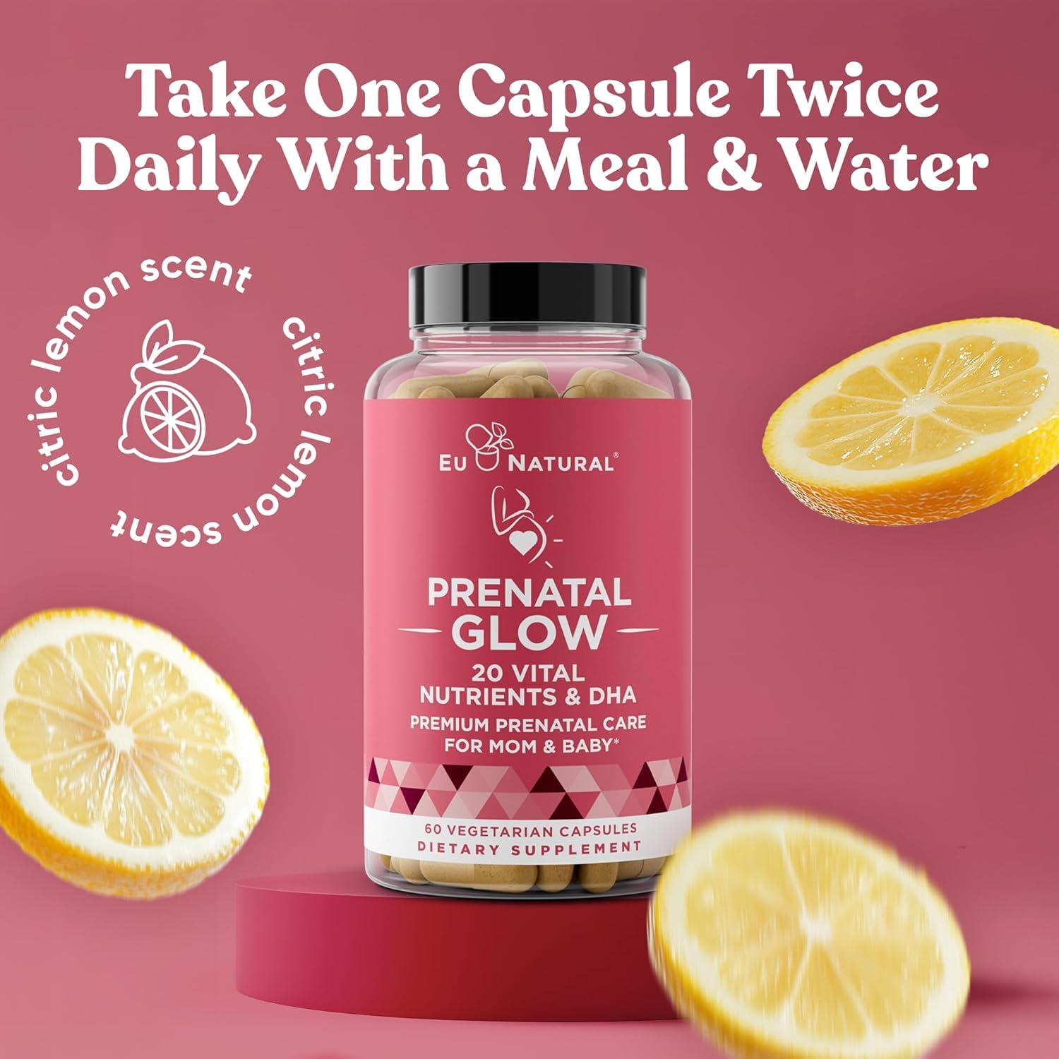 Eu Natural Glow Prenatal daily-use pose with two capsules and meal for routine