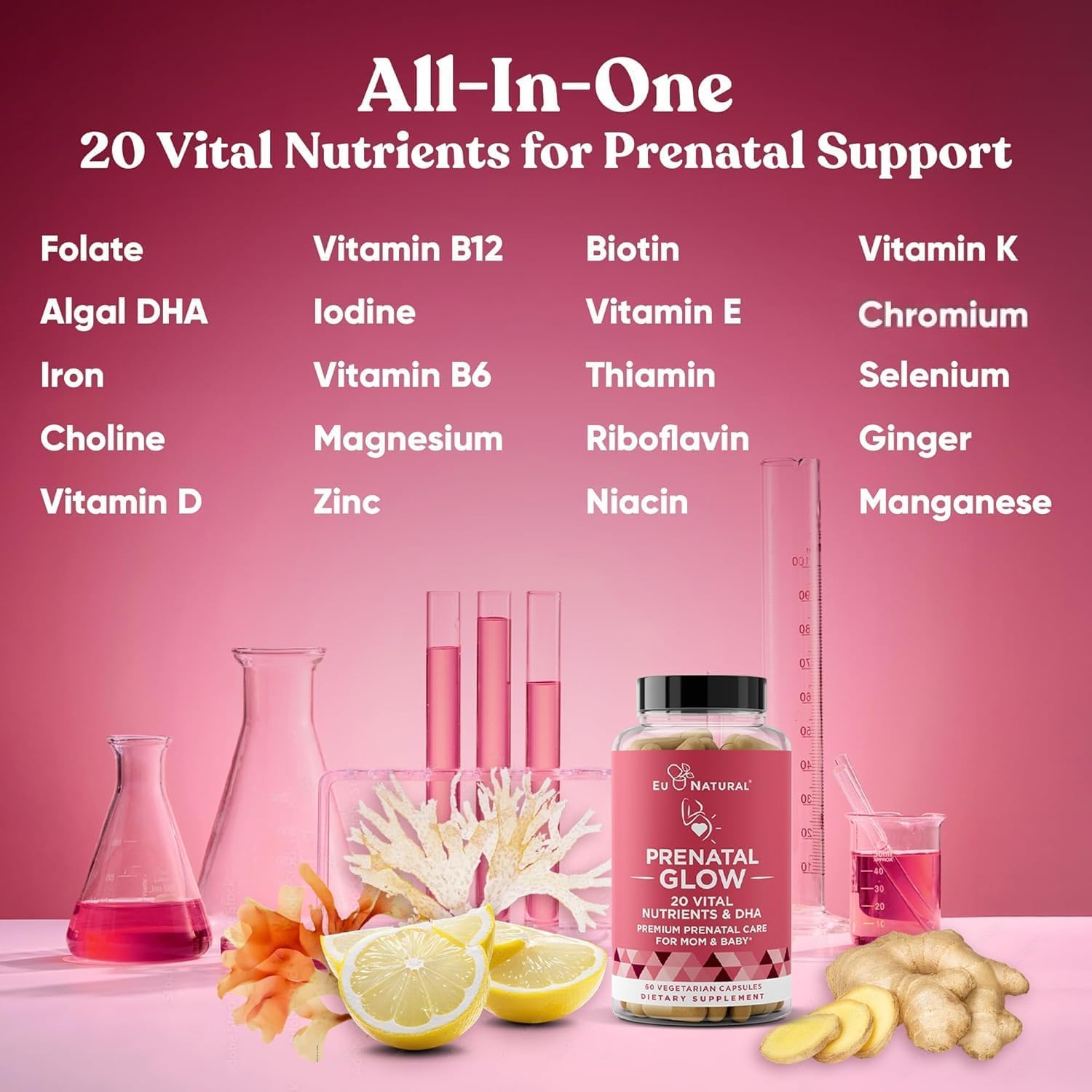 Eu Natural Glow Prenatal folate and DHA visual emphasizing development support