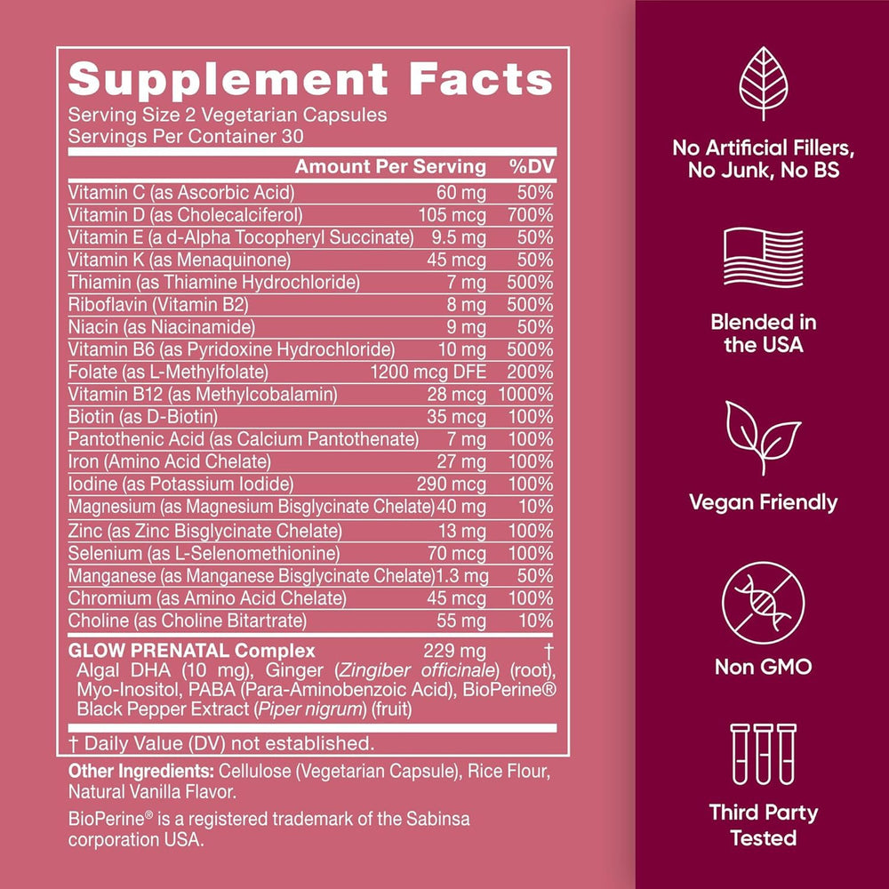 Eu Natural Glow Prenatal minerals including iron and choline for energy and blood health