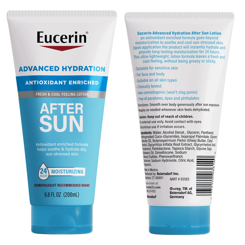 Icons illustrate Eucerin antioxidants: Licochalcone A, Glycyrrhetinic acid, Vitamin E