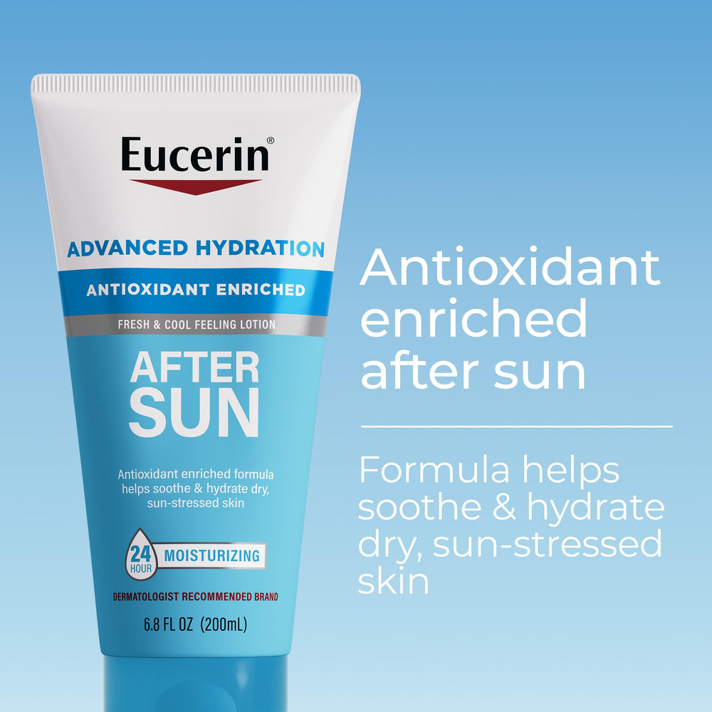 Tube closeup of Eucerin After Sun Lotion highlighting convenient packaging
