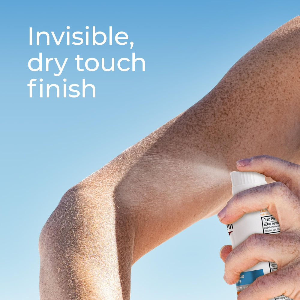 Dry finish spray on skin demonstrates invisible, non-greasy feel
