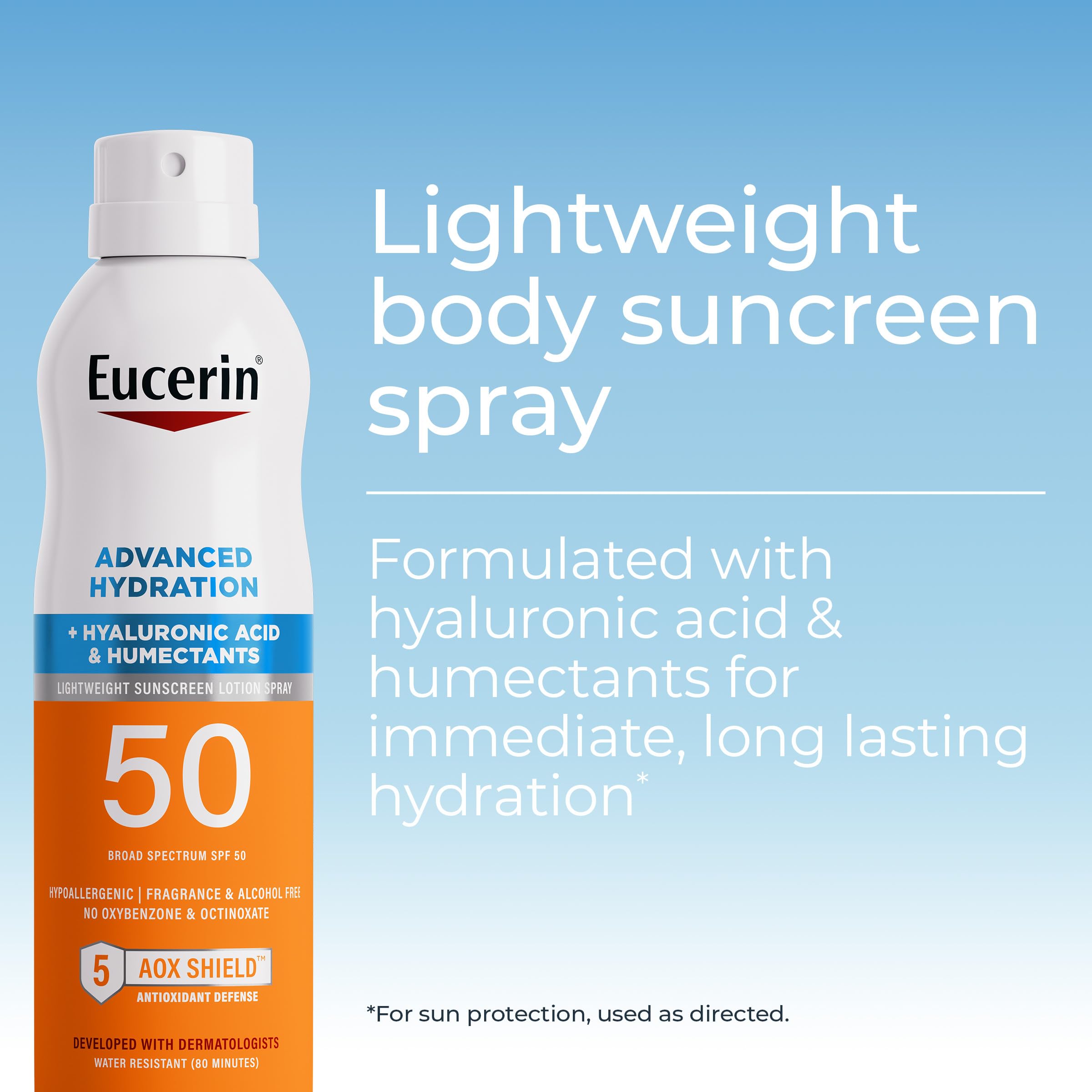 Eucerin sunscreen spray dispensing angle showing easy reach and even application
