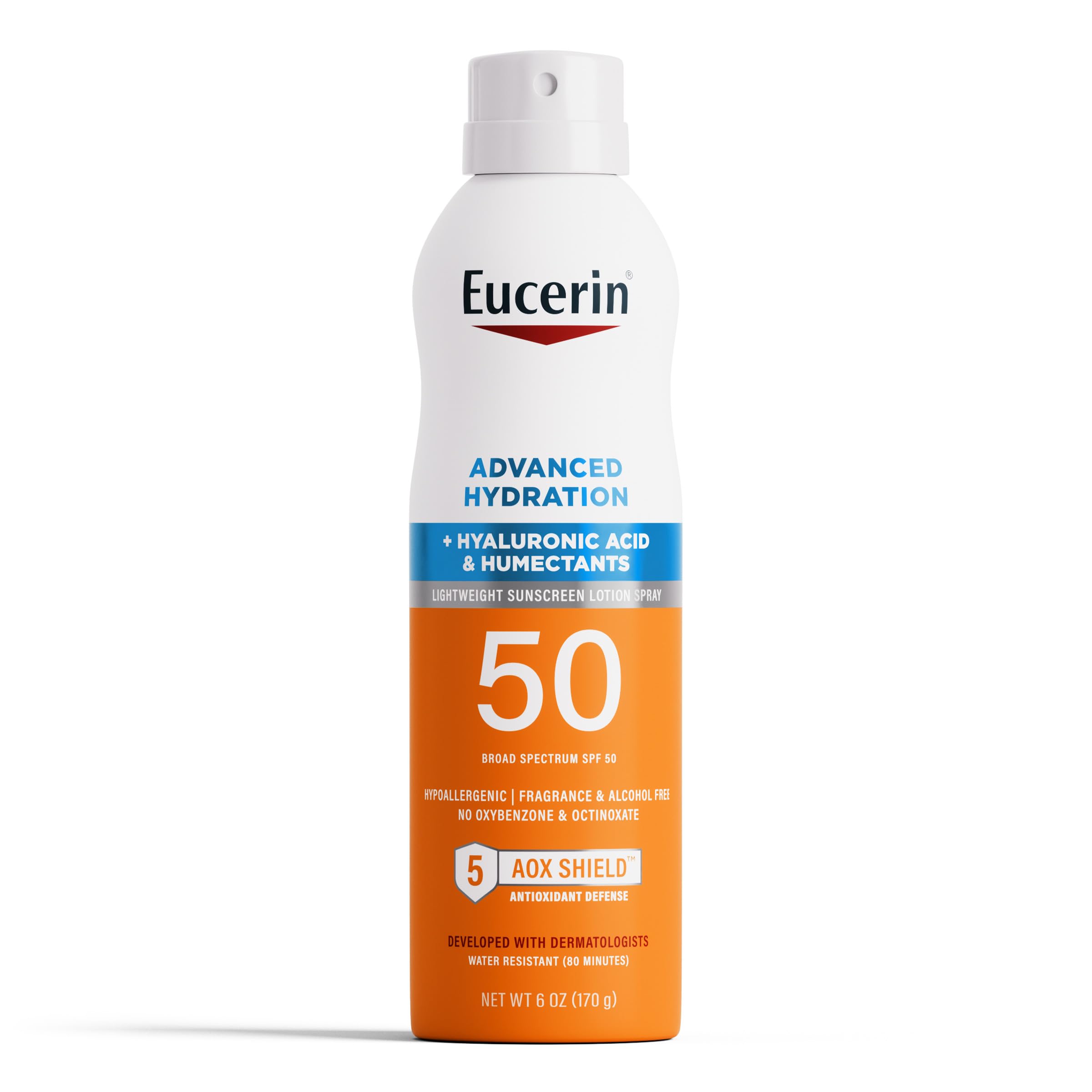 Eucerin Sun Advanced Hydration SPF 50 spray bottle front view with hydrating formula for daily use