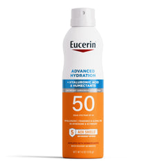 Eucerin Sun Advanced Hydration SPF 50 spray bottle front view with hydrating formula for daily use