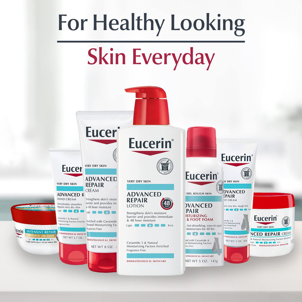 Applying Eucerin Advanced Repair Body Lotion to dry areas.