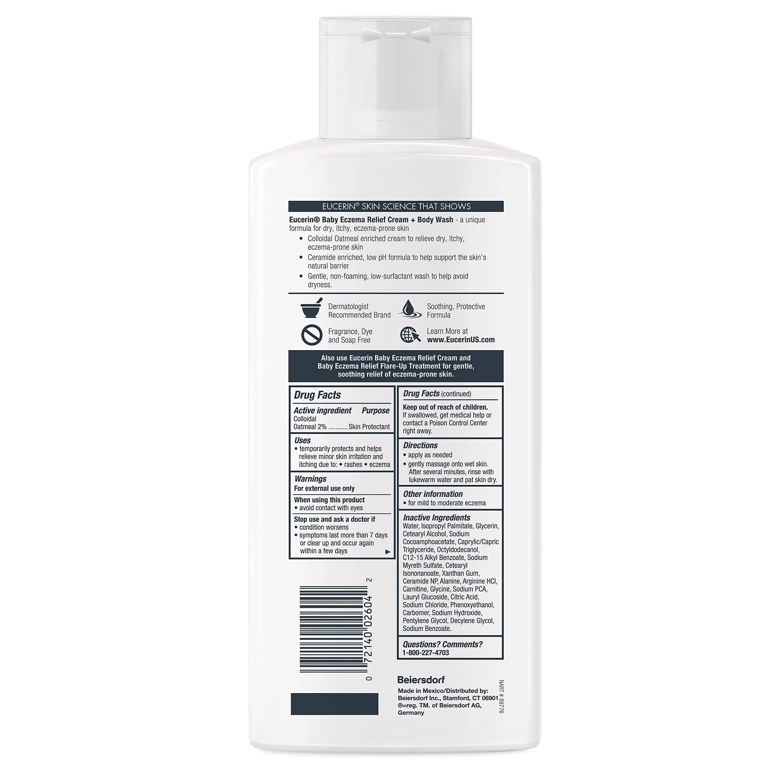 Packaging of Eucerin Baby Eczema Relief Cream Body Wash emphasizes fragrance-free design