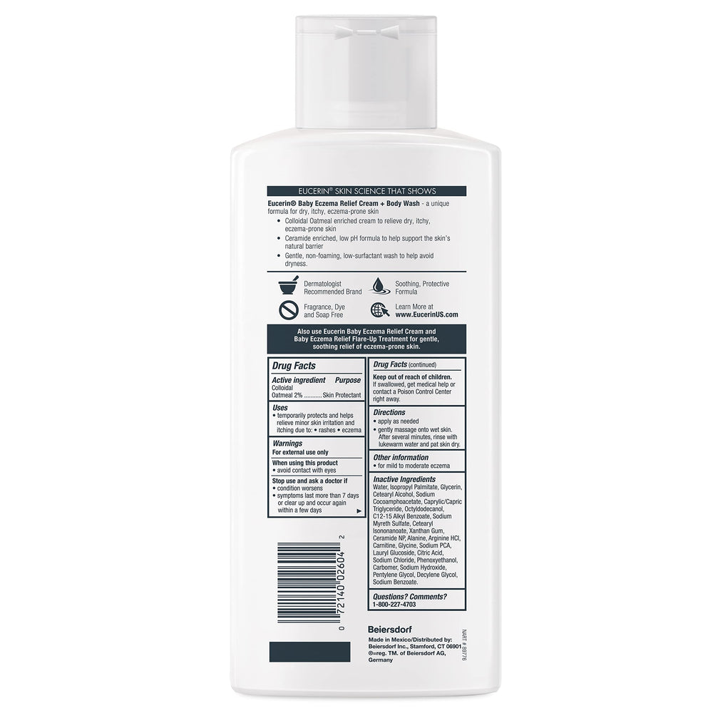 Packaging of Eucerin Baby Eczema Relief Cream Body Wash emphasizes fragrance-free design