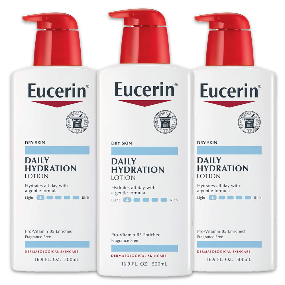 Eucerin Daily Hydration pump bottle three-pack for everyday moisture.