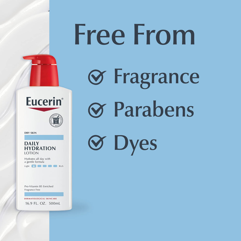 Hand lotion use with Eucerin Daily Hydration for dry hands.