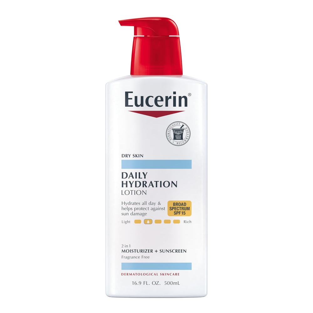 Office desk scene with Eucerin 3-pack for home and work use.