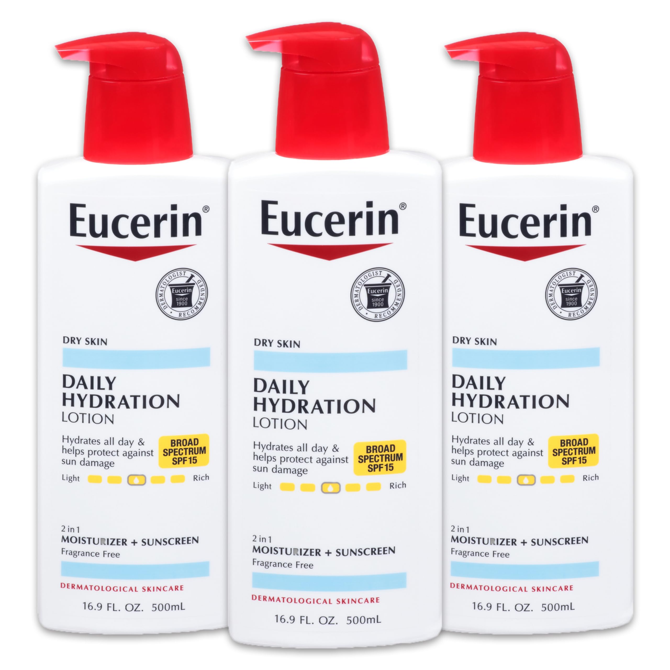 Eucerin Daily Hydration Lotion SPF 15 pump bottle for everyday dry skin hydration.
