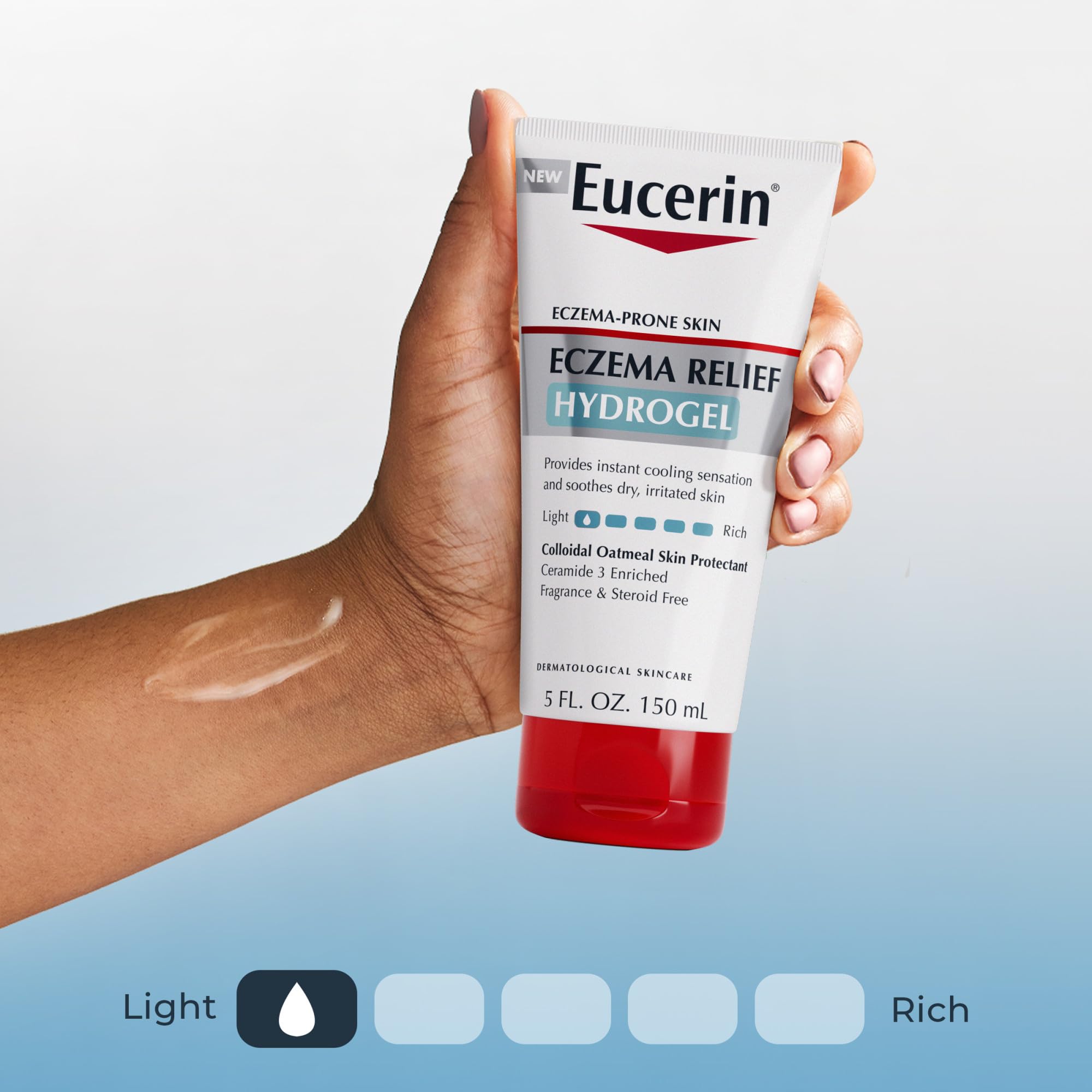 Bathroom counter with Eucerin Eczema Relief Hydrogel 5 oz packaging.