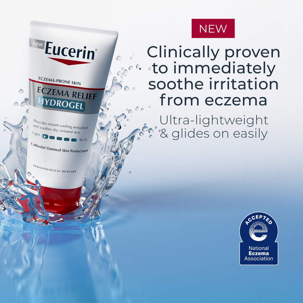 Eucerin Eczema Relief Hydrogel ingredients illustration highlights oats, ceramides, and hyaluronic acid.
